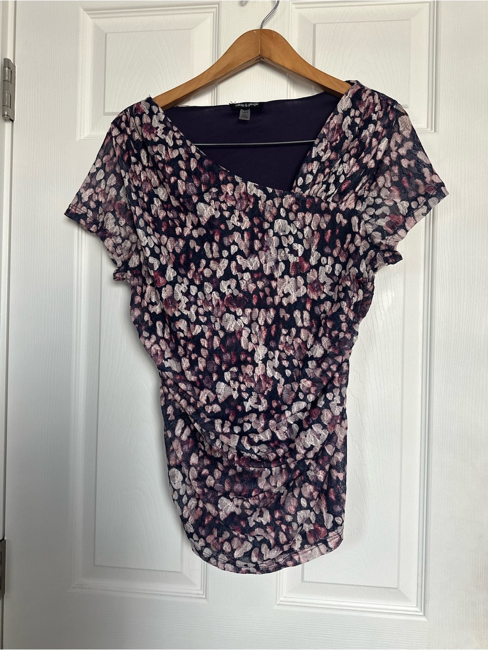 Cable & Gauge Black Short Sleeve Ruched Blouse with Pink and Cream Spot Print